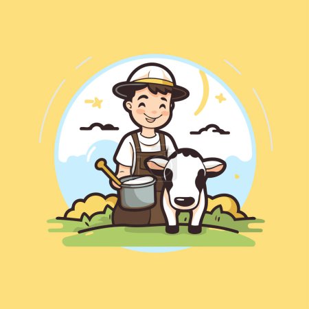 Ilustración de Un granjero con una vaca y una olla. Ilustración vectorial en estilo de dibujos animados - Imagen libre de derechos