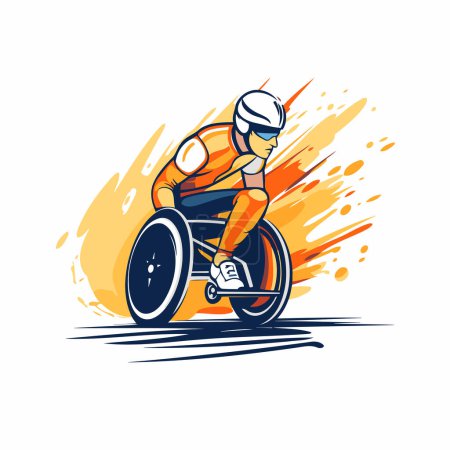 Téléchargez les illustrations : Homme handicapé en fauteuil roulant sur une piste de course. Illustration vectorielle. - en licence libre de droit