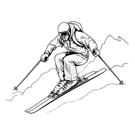 Téléchargez les illustrations : Je skie. Illustration vectorielle monochrome d'un skieur en descente. - en licence libre de droit