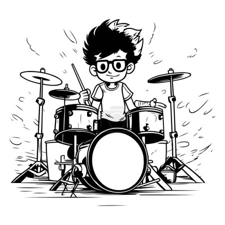 Ilustración de Lindo chico tocando la batería. ilustración de dibujos animados vector blanco y negro. - Imagen libre de derechos