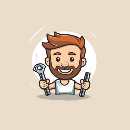 Illustration for Hipster Man Holding Spanner Mascot Character Vector Design - Royalty Free Image