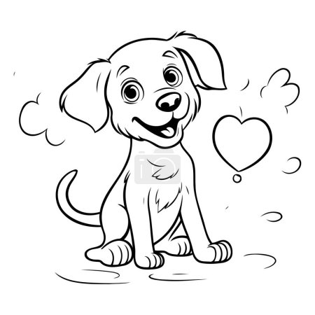 Téléchargez les illustrations : Illustration de dessin animé noir et blanc de chien chiot mignon avec signe de coeur pour le livre de coloriage - en licence libre de droit