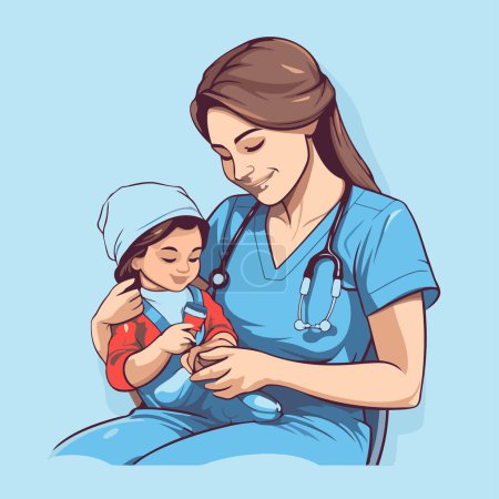 Illustration for Vector illustration of a female doctor with a child in her arms. - Royalty Free Image