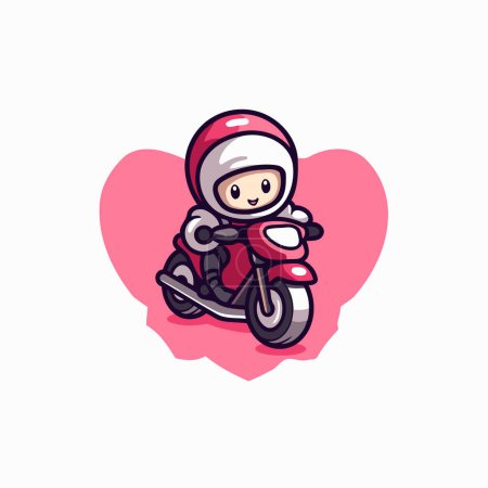 Illustration for Vector illustration of a cute little boy riding a motorcycle on a pink heart background - Royalty Free Image