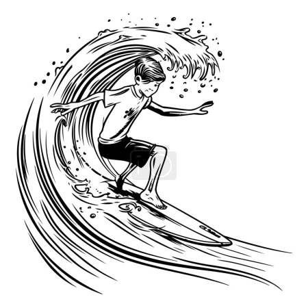Illustration for Surfer girl on the wave. Black and white vector illustration. - Royalty Free Image