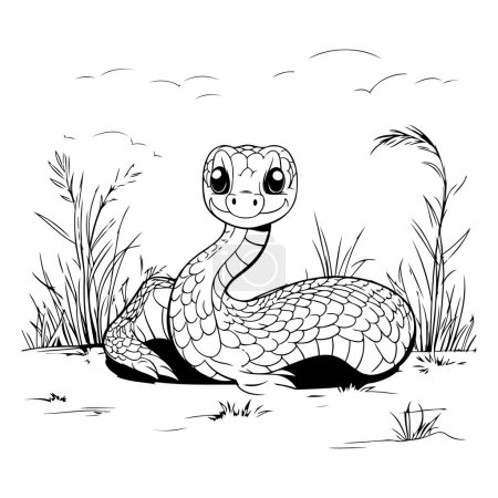 Ilustración de Linda serpiente de dibujos animados en la hierba. Ilustración vectorial para colorear libro. - Imagen libre de derechos