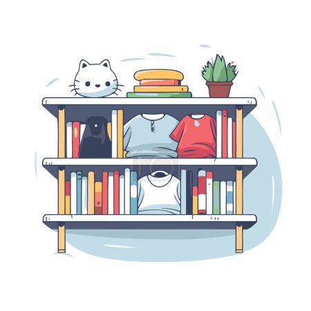 Illustration for Bookshelf with books and cat. Flat style vector illustration. - Royalty Free Image