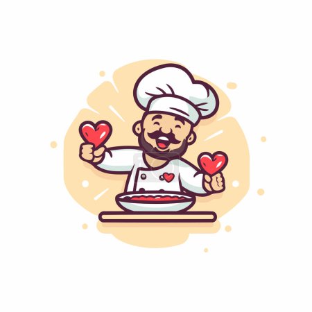 Téléchargez les illustrations : Chef tenant des biscuits en forme de coeur. Illustration vectorielle dans le style dessin animé. - en licence libre de droit