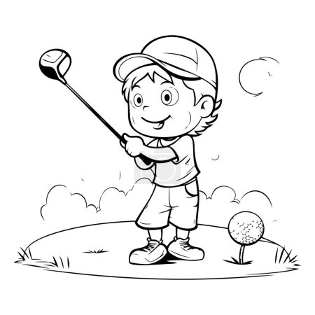 Illustration for Golfer - Black and White Cartoon Illustration of a Little Boy Playing Golf - Royalty Free Image