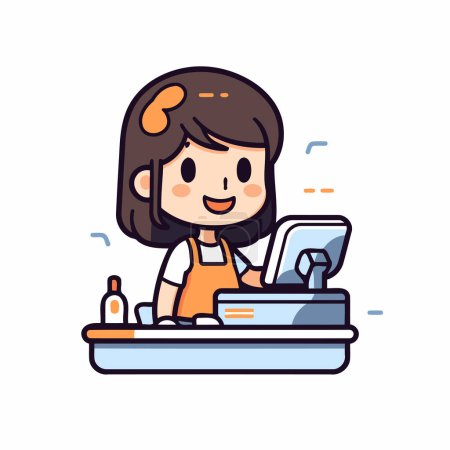 Illustration for Girl using a computer at the cash register. Vector illustration on white background. - Royalty Free Image
