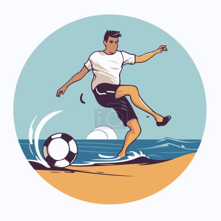 Illustration for Soccer player with ball on the beach. Vector illustration in retro style. - Royalty Free Image