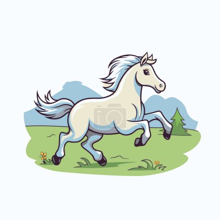 Téléchargez les illustrations : Cheval blanc courant sur la prairie. Illustration vectorielle dans le style dessin animé. - en licence libre de droit