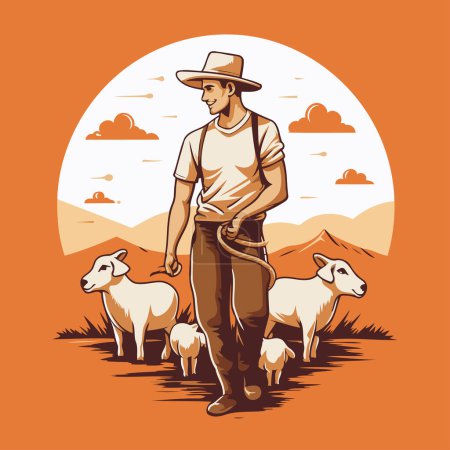 Illustration for Farmer with flock of sheep in the field. Vector illustration. - Royalty Free Image