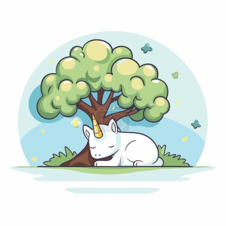 Ilustración de Lindo unicornio blanco y árbol. Ilustración vectorial en estilo de dibujos animados. - Imagen libre de derechos