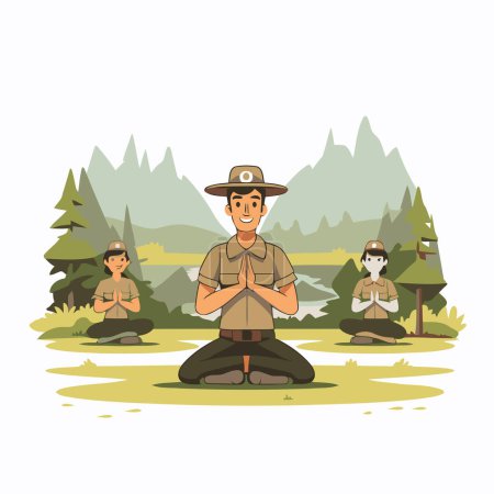 Ilustración de Hombre explorador de safari de dibujos animados sentado en posición de loto. Ilustración vectorial - Imagen libre de derechos