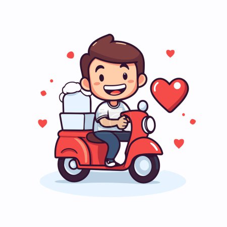 Illustration for Cute boy riding scooter with pizza boxes and hearts. Vector illustration. - Royalty Free Image
