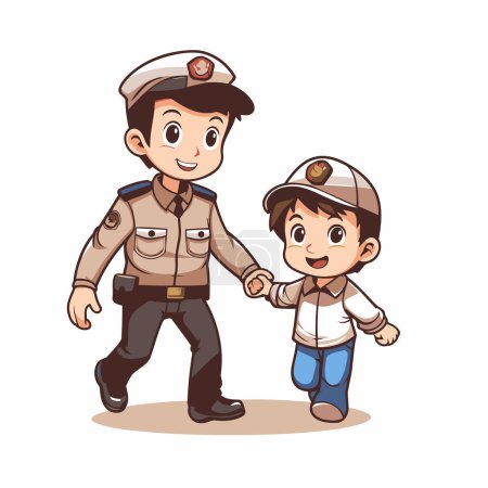 Illustration for Vector illustration of a boy and his father walking with police uniform. - Royalty Free Image
