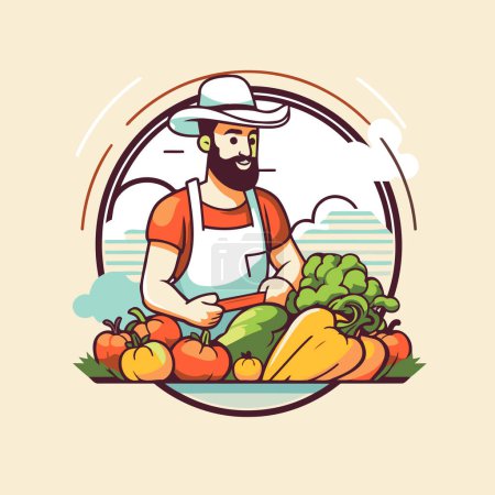 Illustration for Farmer in hat and apron with ripe vegetables. Vector illustration - Royalty Free Image