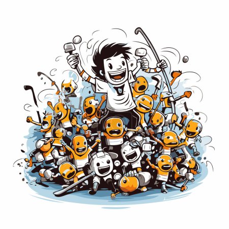 Téléchargez les illustrations : Illustration vectorielle d'un groupe de drôles de robots de dessin animé jouant au hockey isolé sur fond blanc. - en licence libre de droit