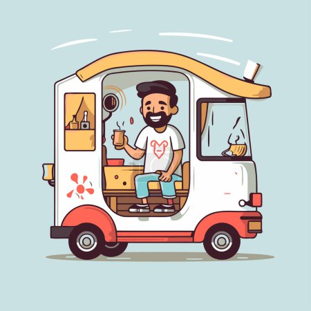 Téléchargez les illustrations : Illustration vectorielle d'un homme dans une camionnette avec un camion alimentaire. - en licence libre de droit
