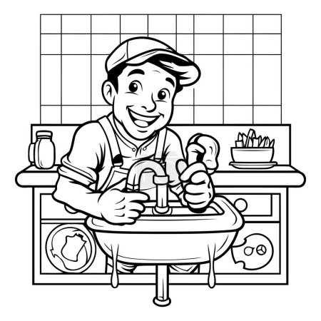 Téléchargez les illustrations : Plombier dans la cuisine. Illustration en noir et blanc pour livre à colorier - en licence libre de droit