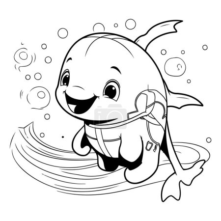 Ilustración de Ilustración de dibujos animados en blanco y negro del lindo personaje de Little Fish Surfeando en el agua - Imagen libre de derechos