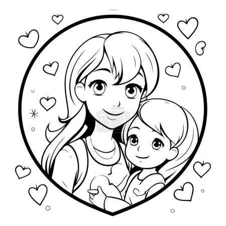 Illustration for Mother and daughter in heart frame. black and white vector illustration. - Royalty Free Image