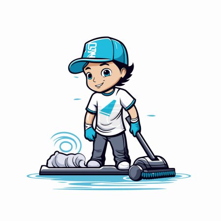 Illustration for Illustration of a boy cleaning the floor with a mop. - Royalty Free Image