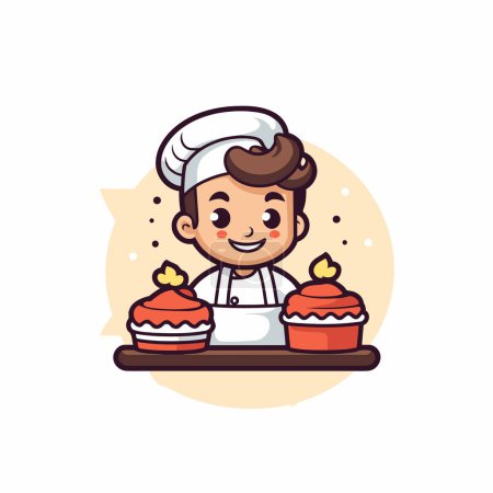 Téléchargez les illustrations : Mignon garçon chef avec des cupcakes. Illustration vectorielle dans le style dessin animé - en licence libre de droit