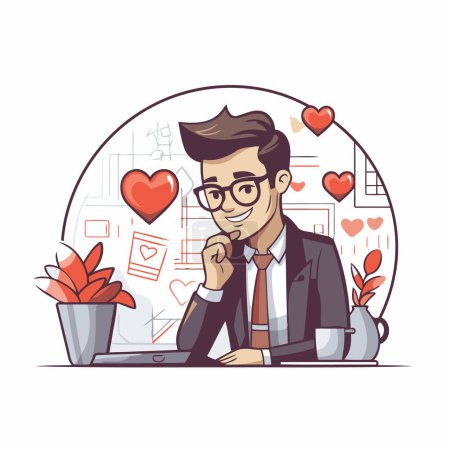 Illustration for Vector illustration of a young man in glasses sitting at the table with a laptop and a cup of coffee in his hands. - Royalty Free Image