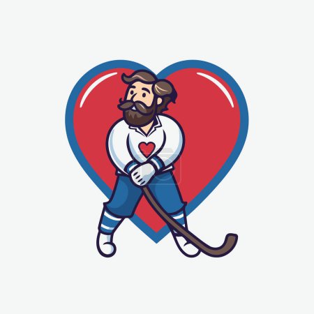 Illustration for Ice hockey player with a stick and a red heart. Vector illustration. - Royalty Free Image