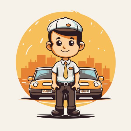Ilustración de Lindo taxista de dibujos animados con su coche en la ciudad. Ilustración vectorial. - Imagen libre de derechos