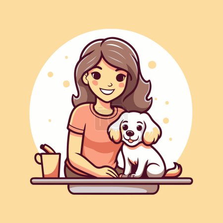 Téléchargez les illustrations : Femme mignonne avec son chien. Illustration vectorielle dans le style dessin animé. - en licence libre de droit