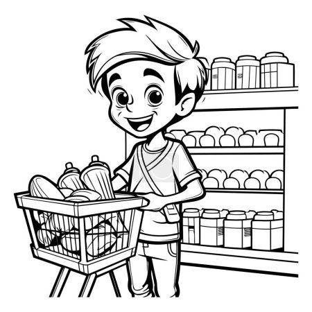 Illustration for Boy shopping in supermarket - Black and White Cartoon Illustration. Vector - Royalty Free Image