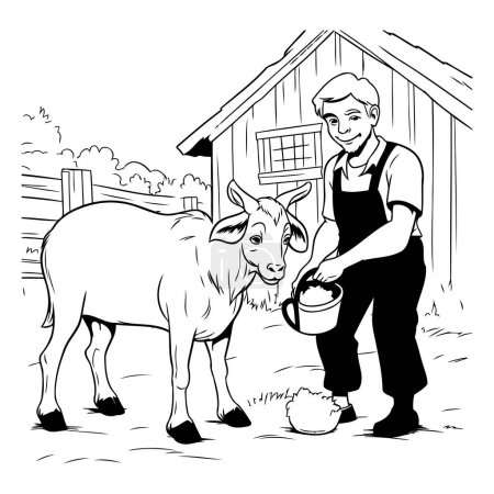 Téléchargez les illustrations : Agriculteur avec une vache dans une ferme. illustration vectorielle noir et blanc - en licence libre de droit