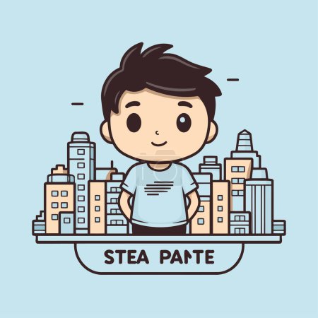 Stay at home. Vector illustration of a boy in a t-shirt standing in front of the city.