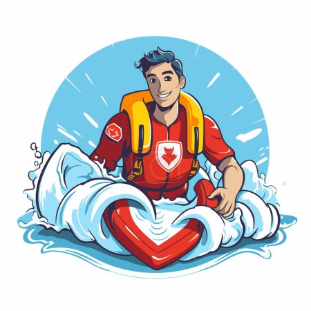 Illustration for Vector illustration of a man in a life jacket surfing on the waves - Royalty Free Image