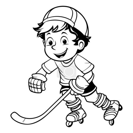 Illustration for Boy playing hockey - Black and White Cartoon Illustration. Isolated on White Background - Royalty Free Image
