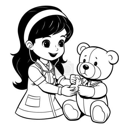 Téléchargez les illustrations : Mignon petit médecin avec ours en peluche illustration vectorielle noir et blanc - en licence libre de droit