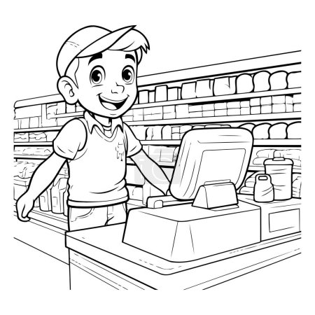 Illustration for Black and White Cartoon Illustration of a Boy Shopping in a Supermarket or Grocery Store - Royalty Free Image
