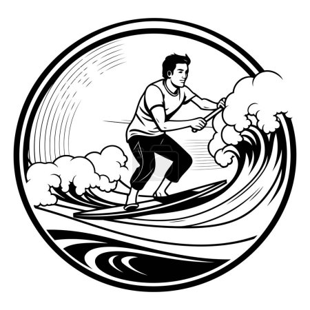 Illustration for Retro style illustration of a surfer riding a wave viewed from side set inside circle on isolated background. - Royalty Free Image
