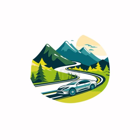 Téléchargez les illustrations : Logo route de montagne avec voiture et montagnes. Illustration vectorielle en style plat - en licence libre de droit