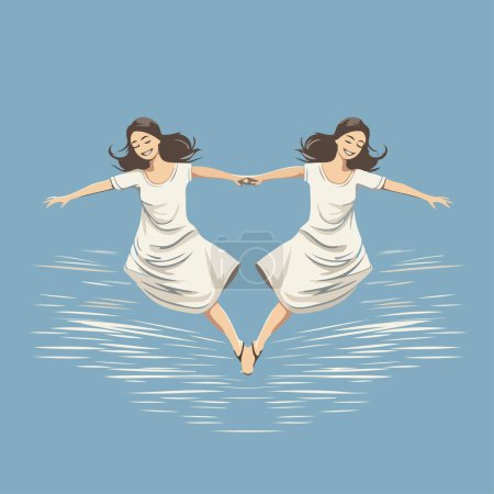 Téléchargez les illustrations : Deux jeunes femmes heureuses en robe blanche sautant sur l'eau. Illustration vectorielle. - en licence libre de droit