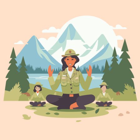 Illustration for Vector illustration in flat style. Girl sitting in lotus position on nature background. - Royalty Free Image