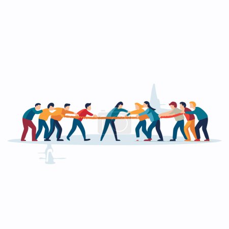 People pulling rope. Teamwork concept. Vector illustration in flat style