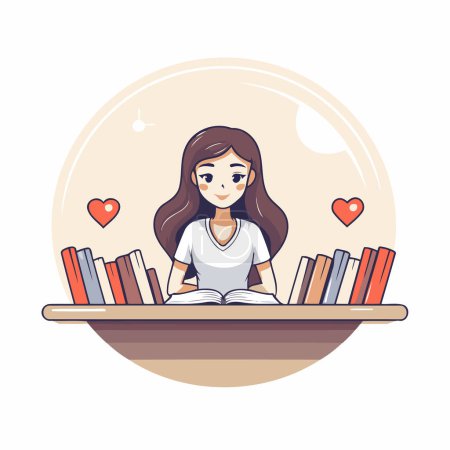 Illustration for Girl reading a book in the library. Vector illustration in flat style. - Royalty Free Image