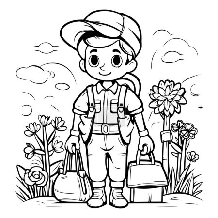 Illustration for Outline of a boy in a hat with a bag and flowers - Royalty Free Image