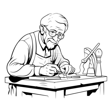 Elderly man working in his workshop. Vector illustration in black and white.