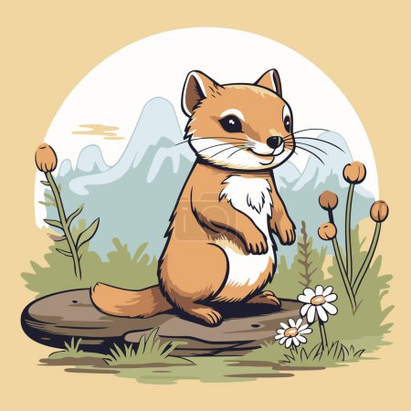 Illustration for Squirrel sitting on a rock in the meadow. Vector illustration. - Royalty Free Image