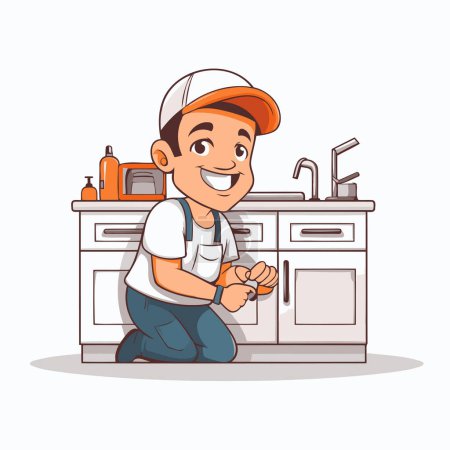 Illustration for Cute cartoon handyman sitting in the kitchen. Vector illustration. - Royalty Free Image